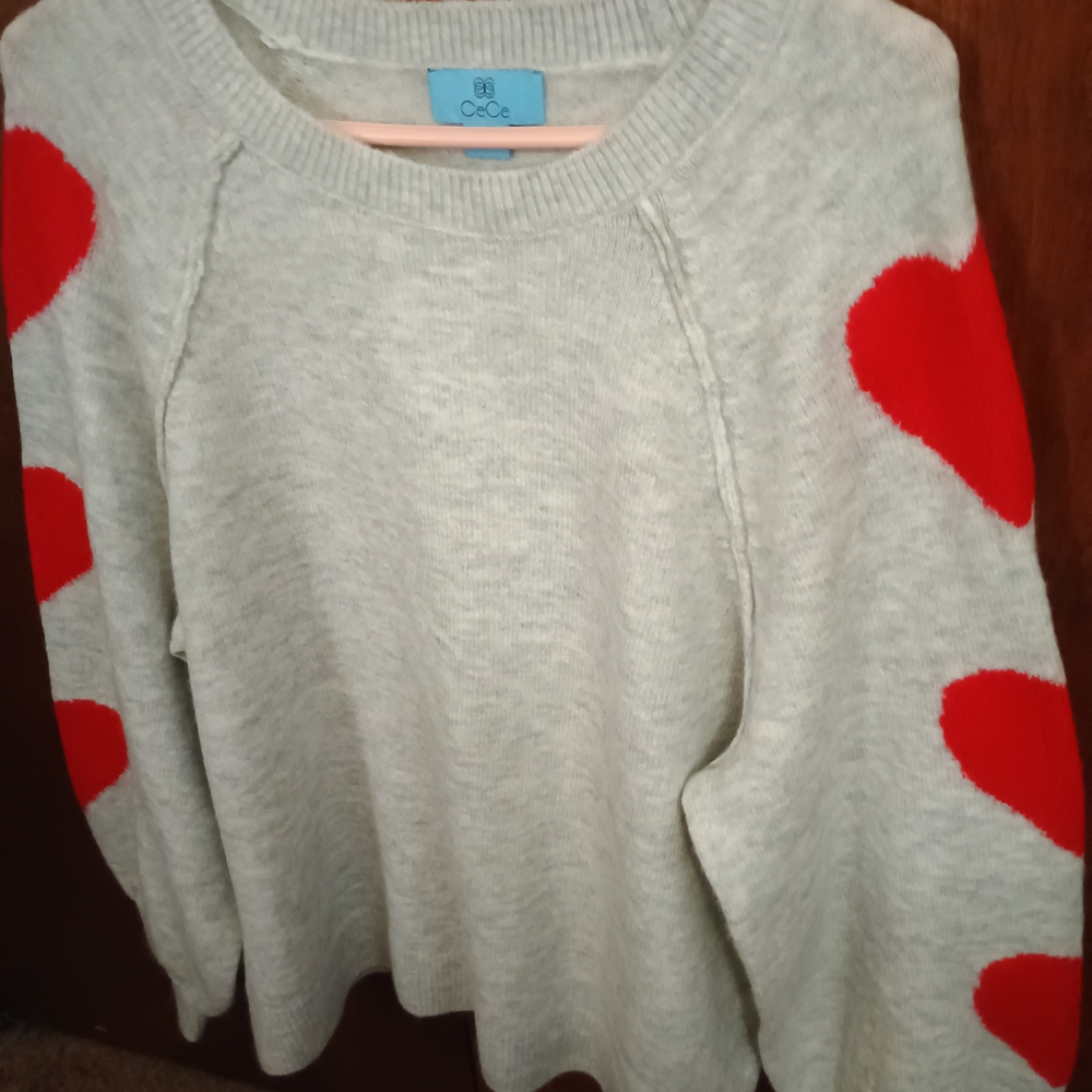 CeCe Light Gray Sweater with Red Heart Sleeves. Worn once, in new condition. - Picture 7 of 8